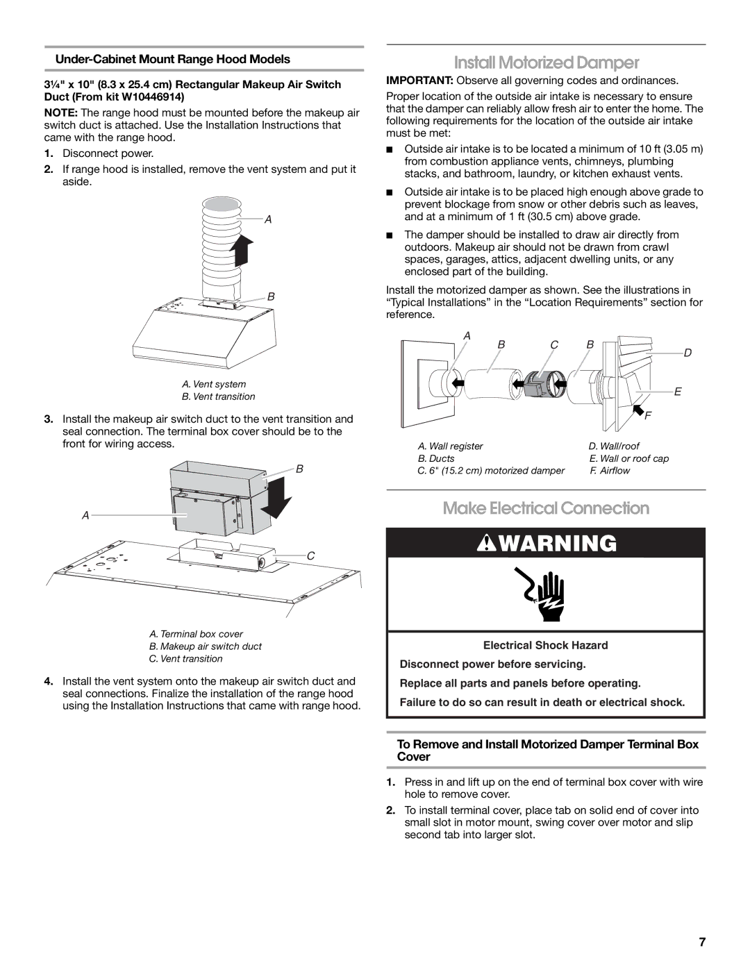 Whirlpool LI30LA/W10463244A Install Motorized Damper, Make Electrical Connection, Under-Cabinet Mount Range Hood Models 