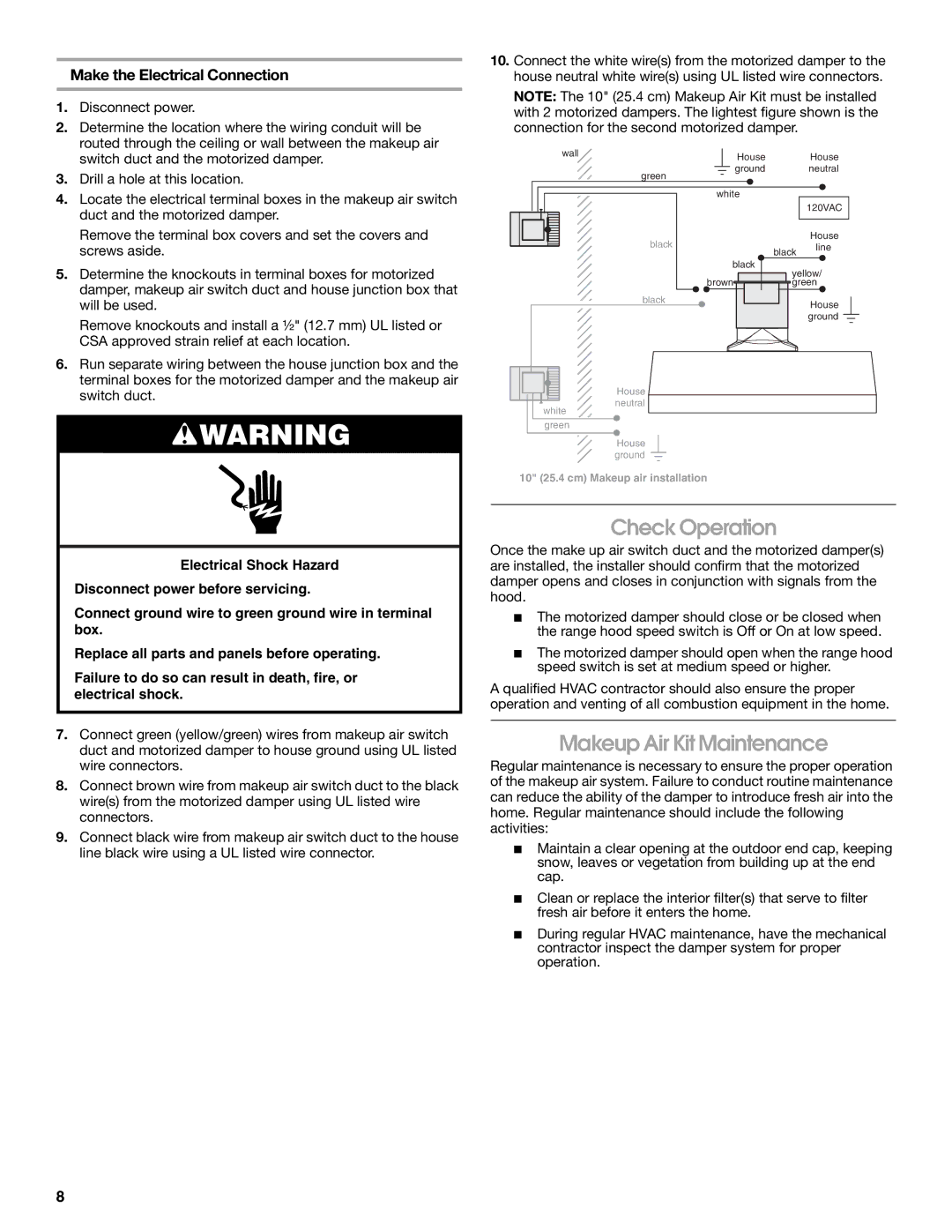 Whirlpool LI30LA/W10463244A Check Operation, Makeup Air Kit Maintenance, Make the Electrical Connection 