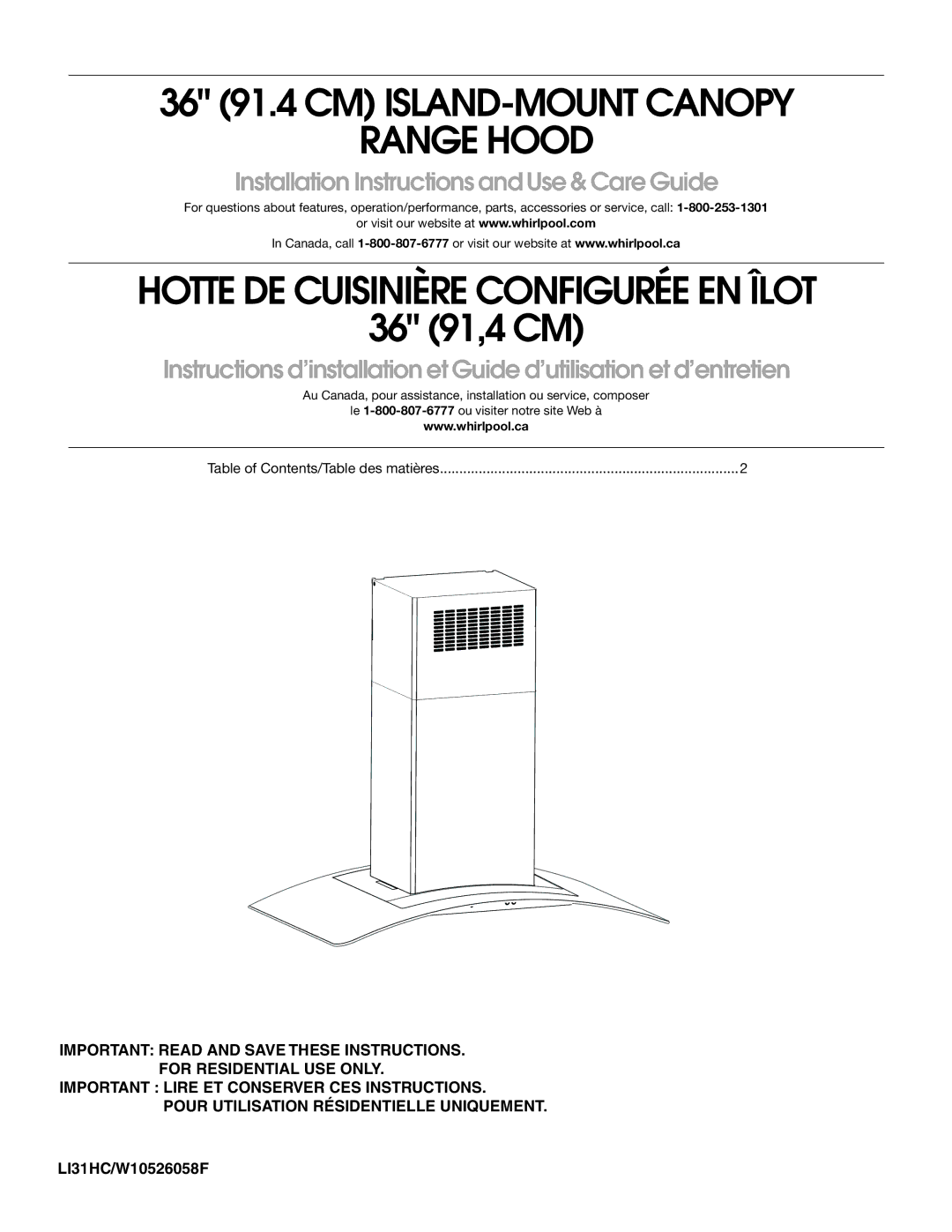 Whirlpool LI31HC/W10526058F installation instructions 36 91.4 CM ISLAND-MOUNT Canopy Range Hood 