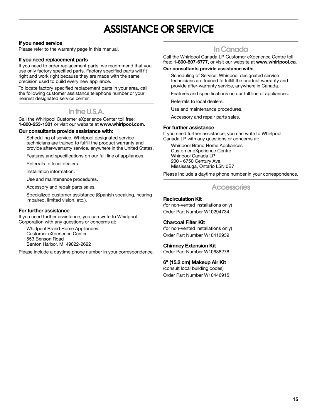 Whirlpool LI31HC/W10526058F installation instructions Assistance or Service, U.S.A, Canada, Accessories 