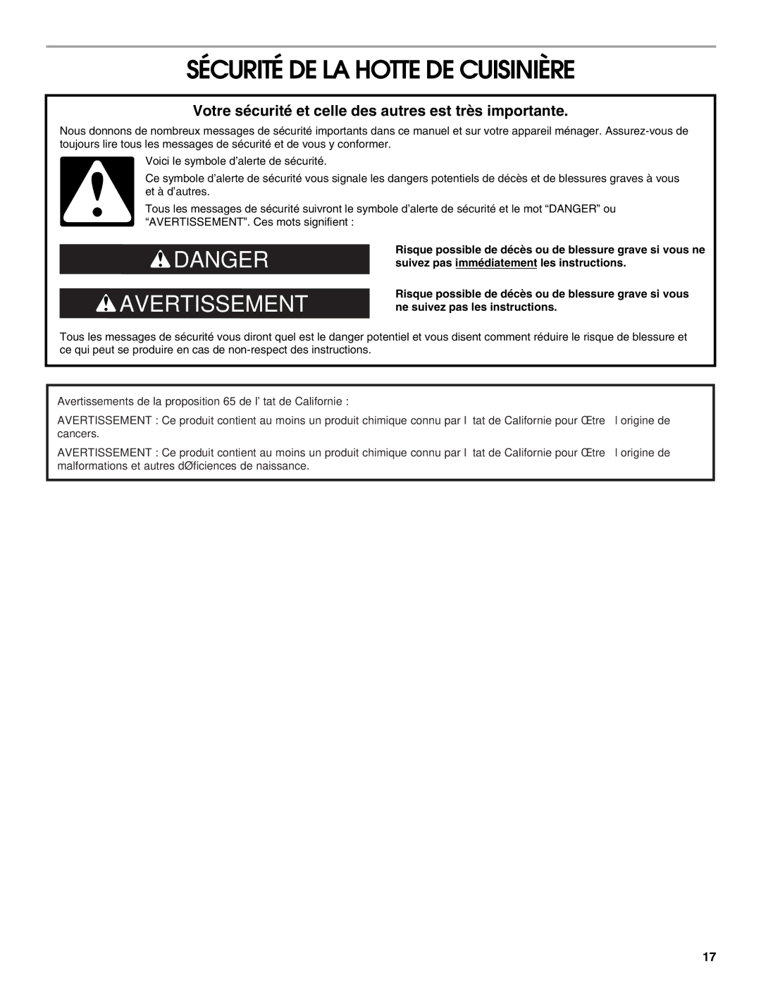 Whirlpool LI31HC/W10526058F Sécurité DE LA Hotte DE Cuisinière, Votre sécurité et celle des autres est très importante 