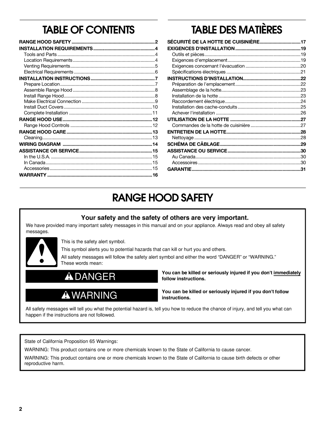 Whirlpool LI31HC/W10526058F installation instructions Range Hood Safety, Table of Contents 