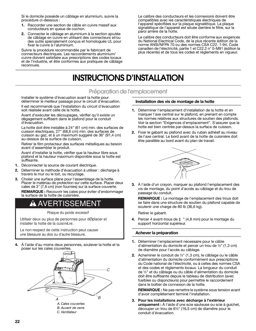 Whirlpool LI31HC/W10526058F Instructions D’INSTALLATION, Préparation de lemplacement, Achever la préparation 