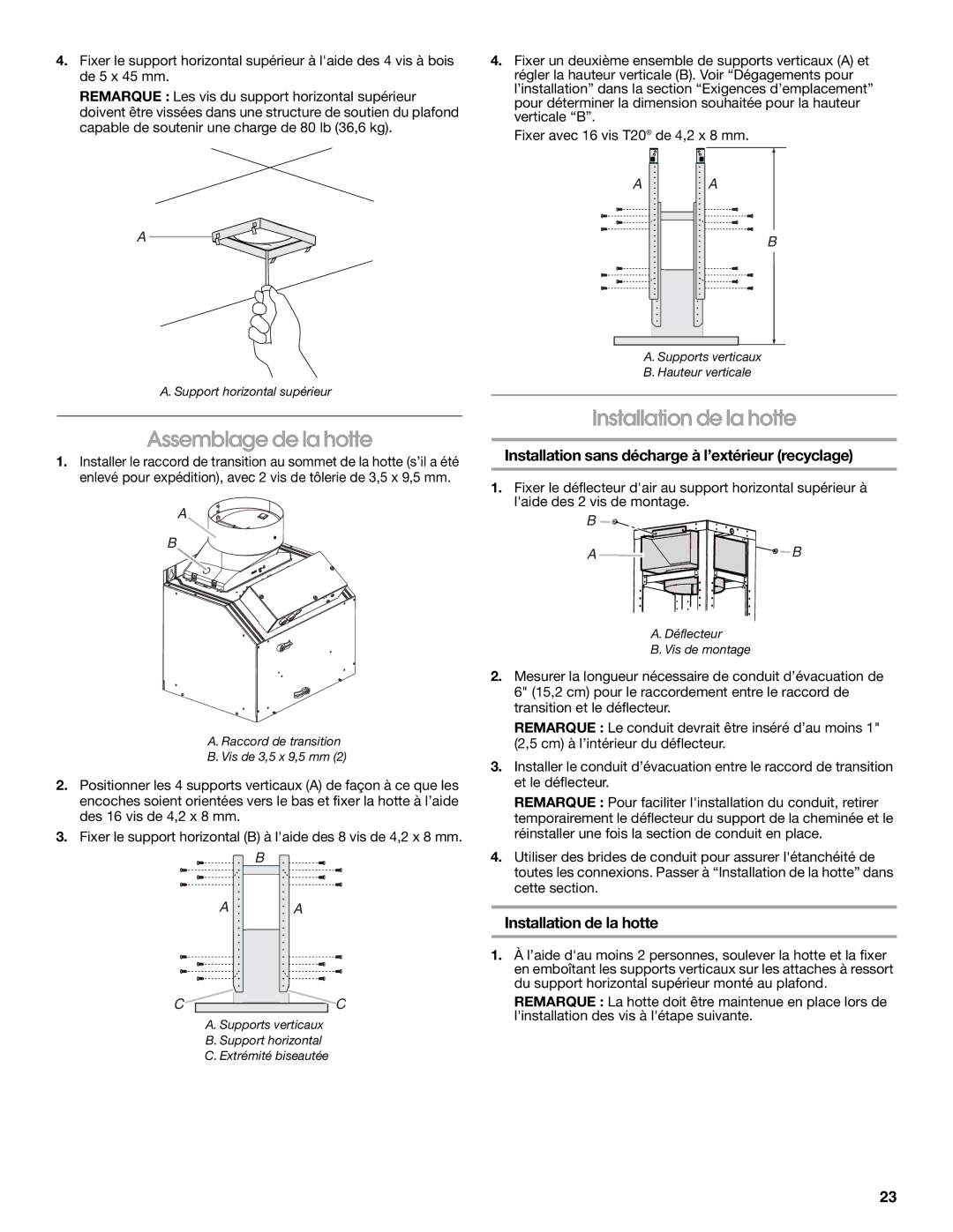 Whirlpool LI31HC/W10526058F installation instructions Assemblage de la hotte, Installation de la hotte 