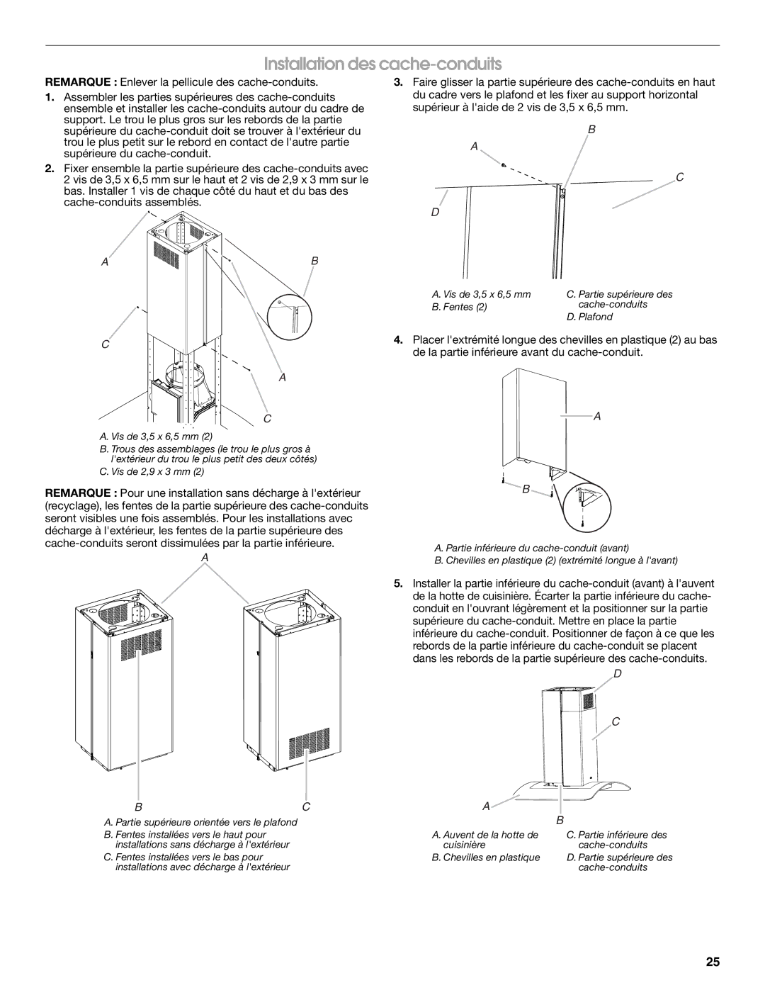 Whirlpool LI31HC/W10526058F installation instructions Installation des cache-conduits, Vis de 2,9 x 3 mm 