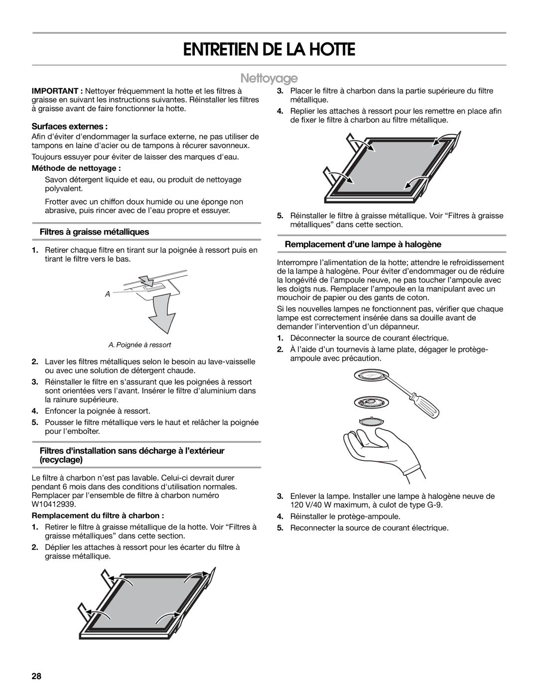 Whirlpool LI31HC/W10526058F installation instructions Entretien DE LA Hotte, Nettoyage 