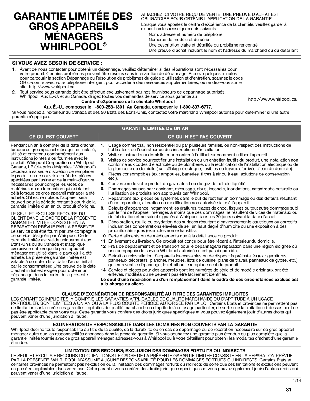 Whirlpool LI31HC/W10526058F installation instructions Garantie Limitée DES 