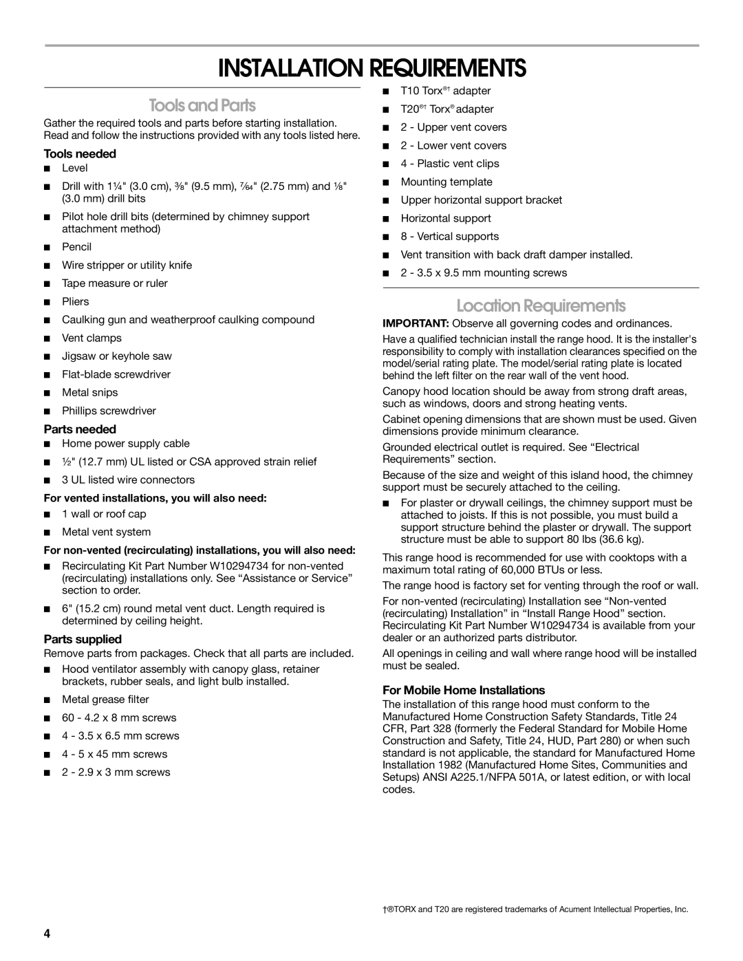 Whirlpool LI31HC/W10526058F installation instructions Installation Requirements, Tools and Parts, Location Requirements 