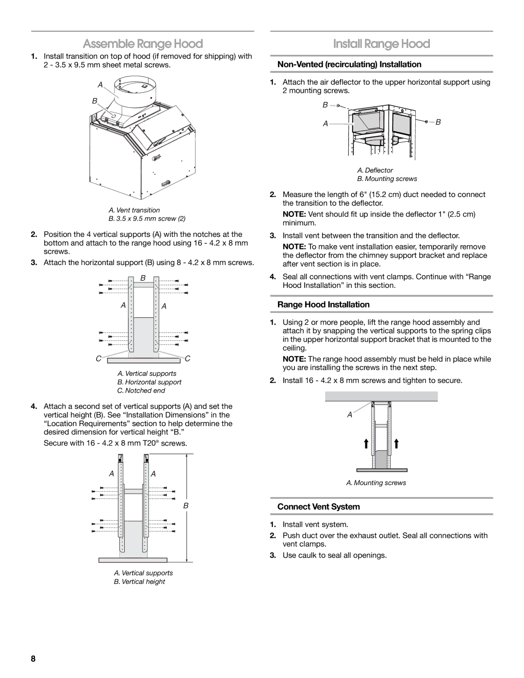 Whirlpool LI31HC/W10526058F Assemble Range Hood, Install Range Hood, Non-Vented recirculating Installation 