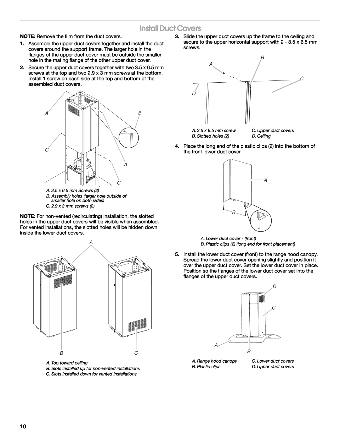 Whirlpool LI31HC/W10526058F installation instructions Install Duct Covers, C A C, A Bc, B A C D, D C A 