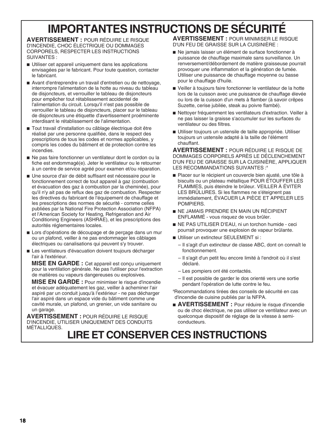 Whirlpool LI31HC/W10526058F Importantes Instructions De Sécurité, Lire Et Conserver Ces Instructions 