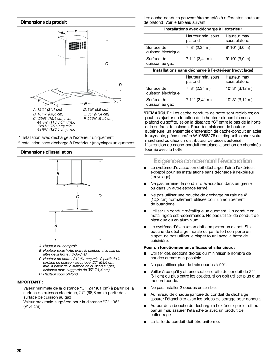 Whirlpool LI31HC/W10526058F Exigences concernant lévacuation, Dimensions du produit, Dimensions d’installation, A B C D F 