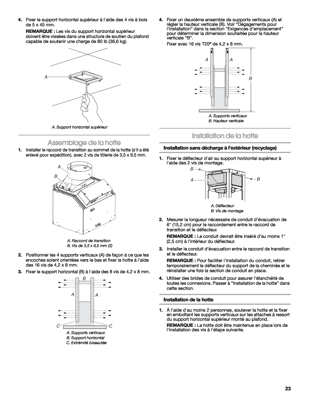 Whirlpool LI31HC/W10526058F installation instructions Assemblage de la hotte, Installation de la hotte, B A A C C, B A B 