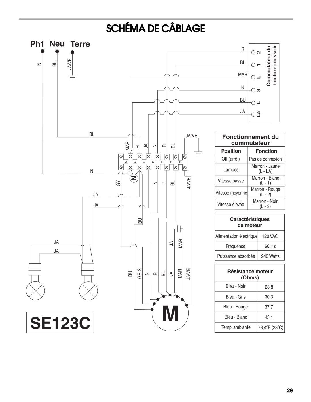 Whirlpool LI31HC/W10526058F Schéma De Câblage, Ph1 Neu Terre, Commutateur bouton, Position, Fonction, Off arrêt, SE123C 