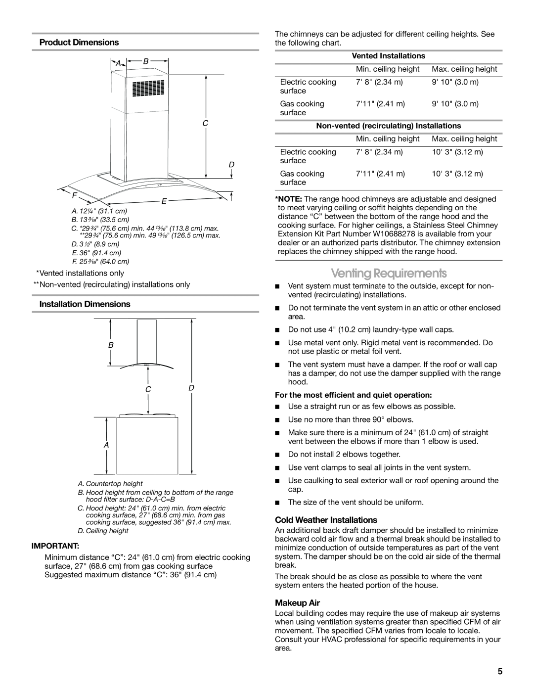 Whirlpool LI31HC/W10526058F Venting Requirements, Product Dimensions, Installation Dimensions, Cold Weather Installations 