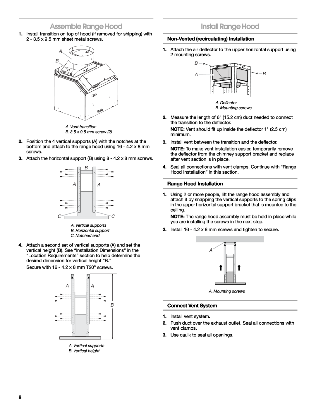 Whirlpool LI31HC/W10526058F Assemble Range Hood, Install Range Hood, Non-Vented recirculating Installation, B A A C C 