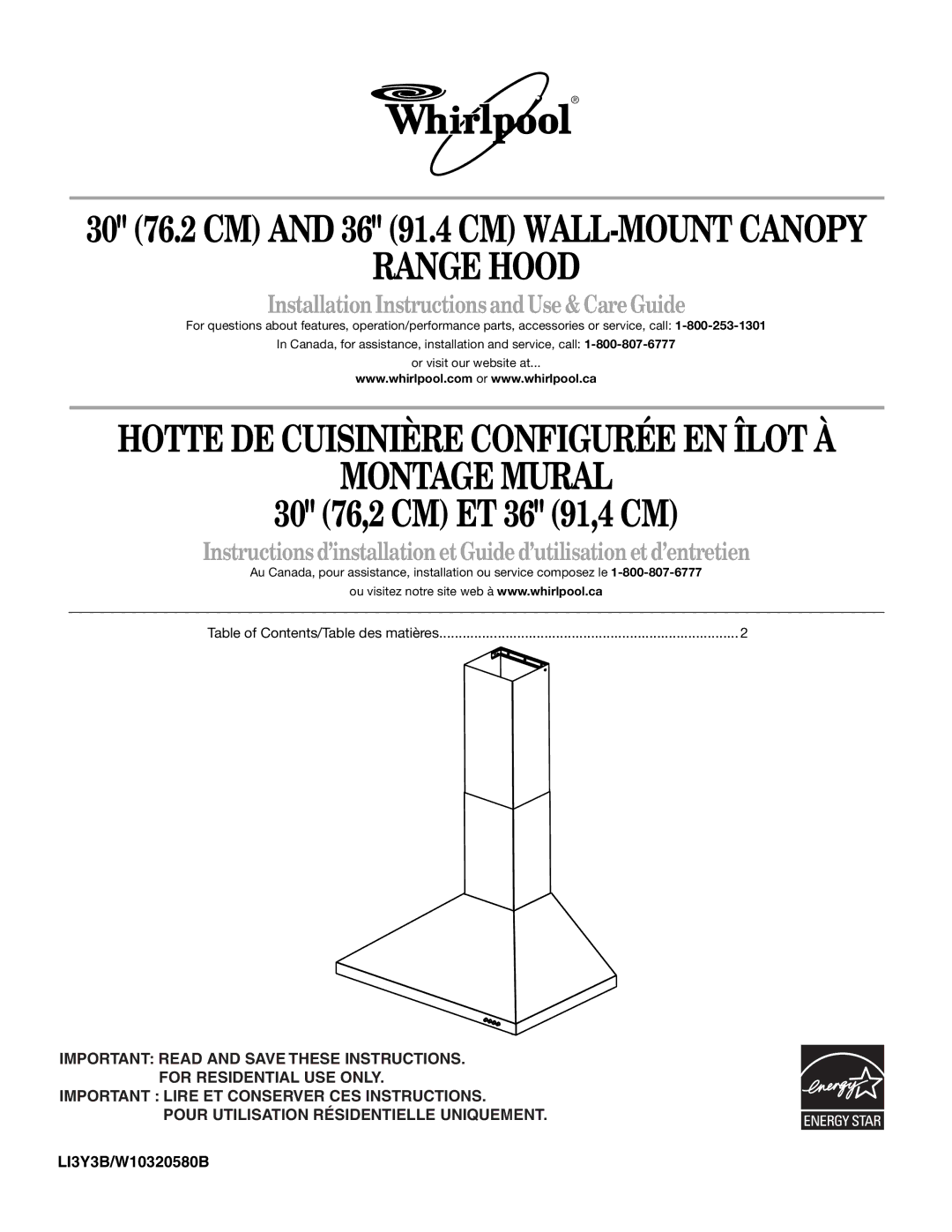 Whirlpool W10320580B, LI3Y3B installation instructions Range Hood 