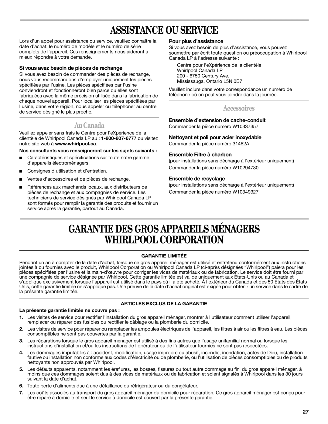 Whirlpool W10320580B, LI3Y3B Assistance OU Service, Garantie DES Gros Appareils Ménagers Whirlpool Corporation, AuCanada 