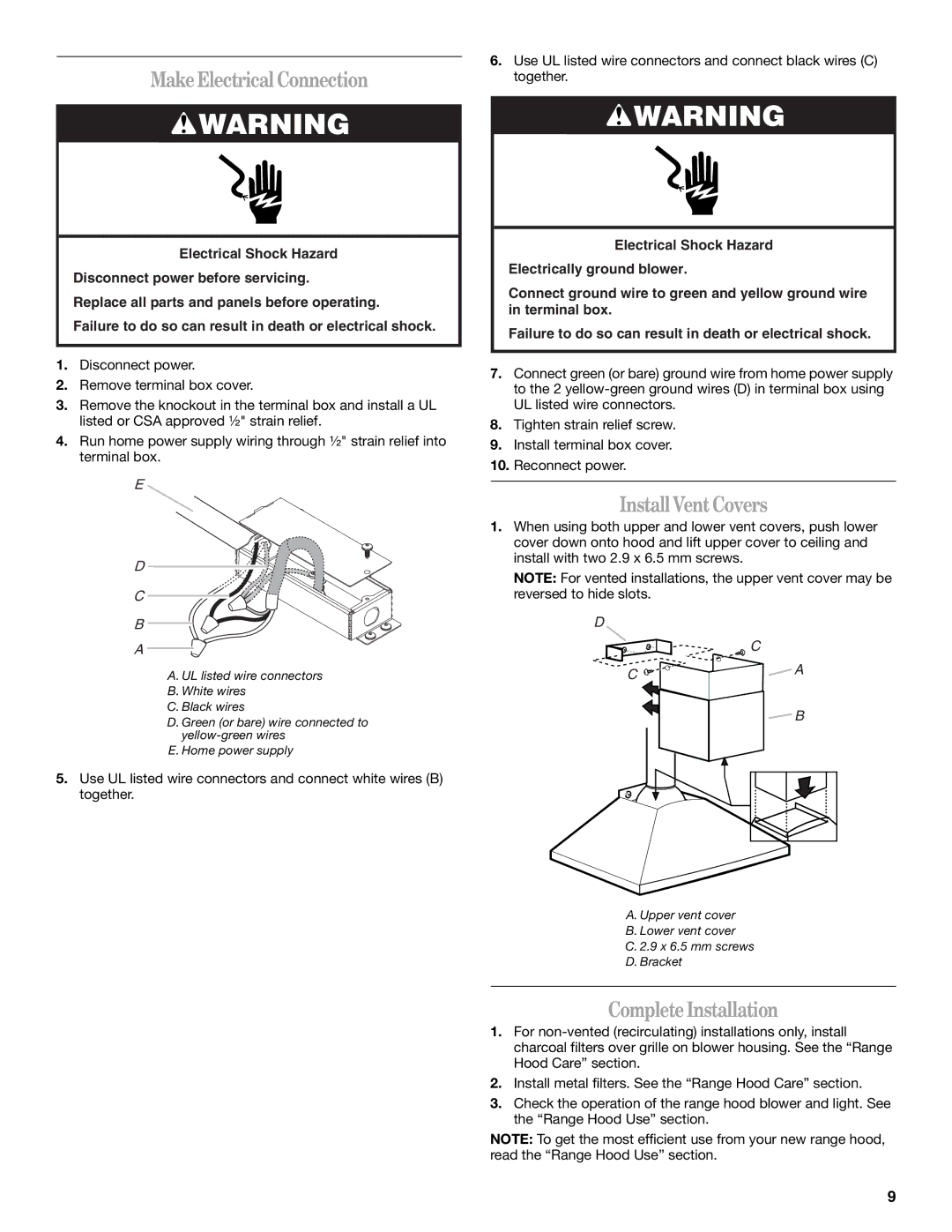 Whirlpool W10320580B, LI3Y3B installation instructions MakeElectrical Connection, InstallVentCovers, CompleteInstallation 