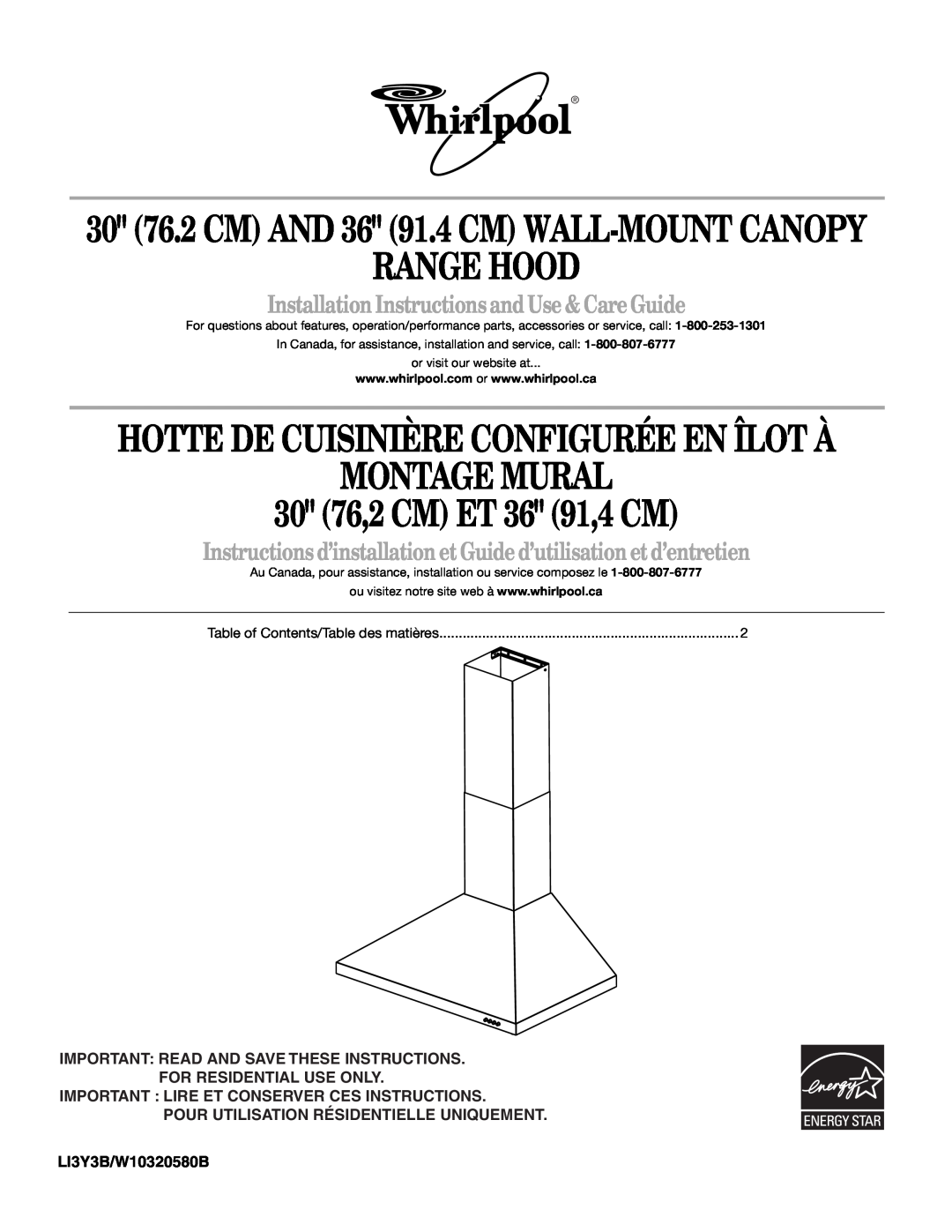 Whirlpool W10320580B installation instructions 30 76.2 CM AND 36 91.4 CM WALL-MOUNTCANOPY, For Residential Use Only 