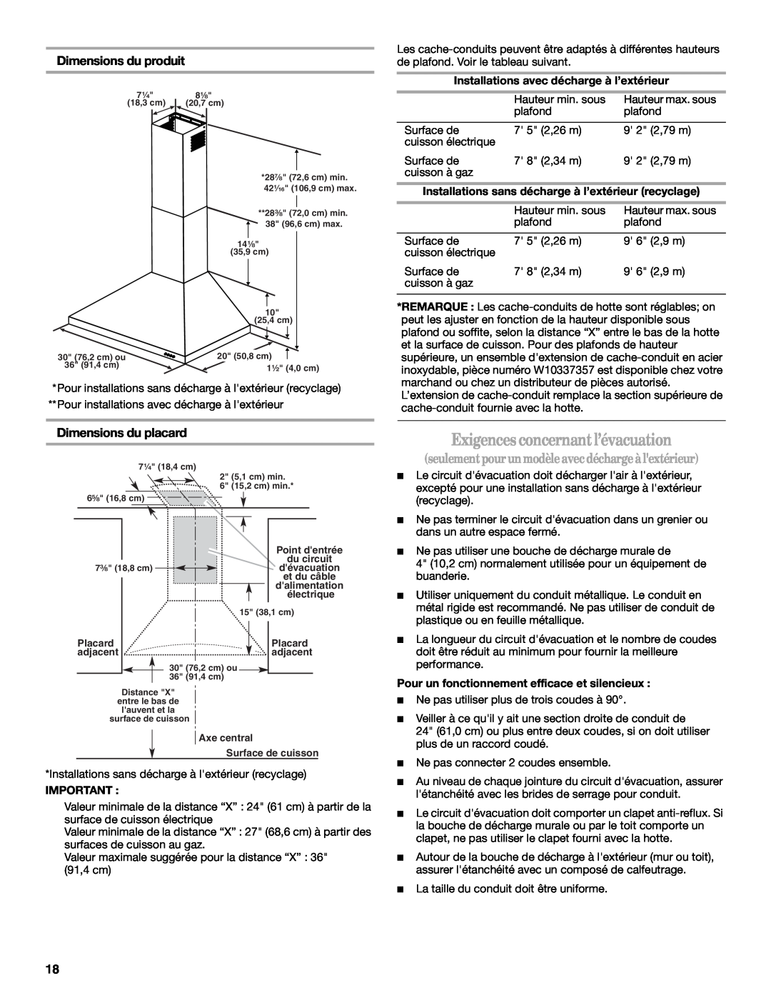 Whirlpool LI3Y3B Exigencesconcernantl’évacuation, seulementpourunmodèle avecdéchargeàlextérieur, Dimensions du produit 
