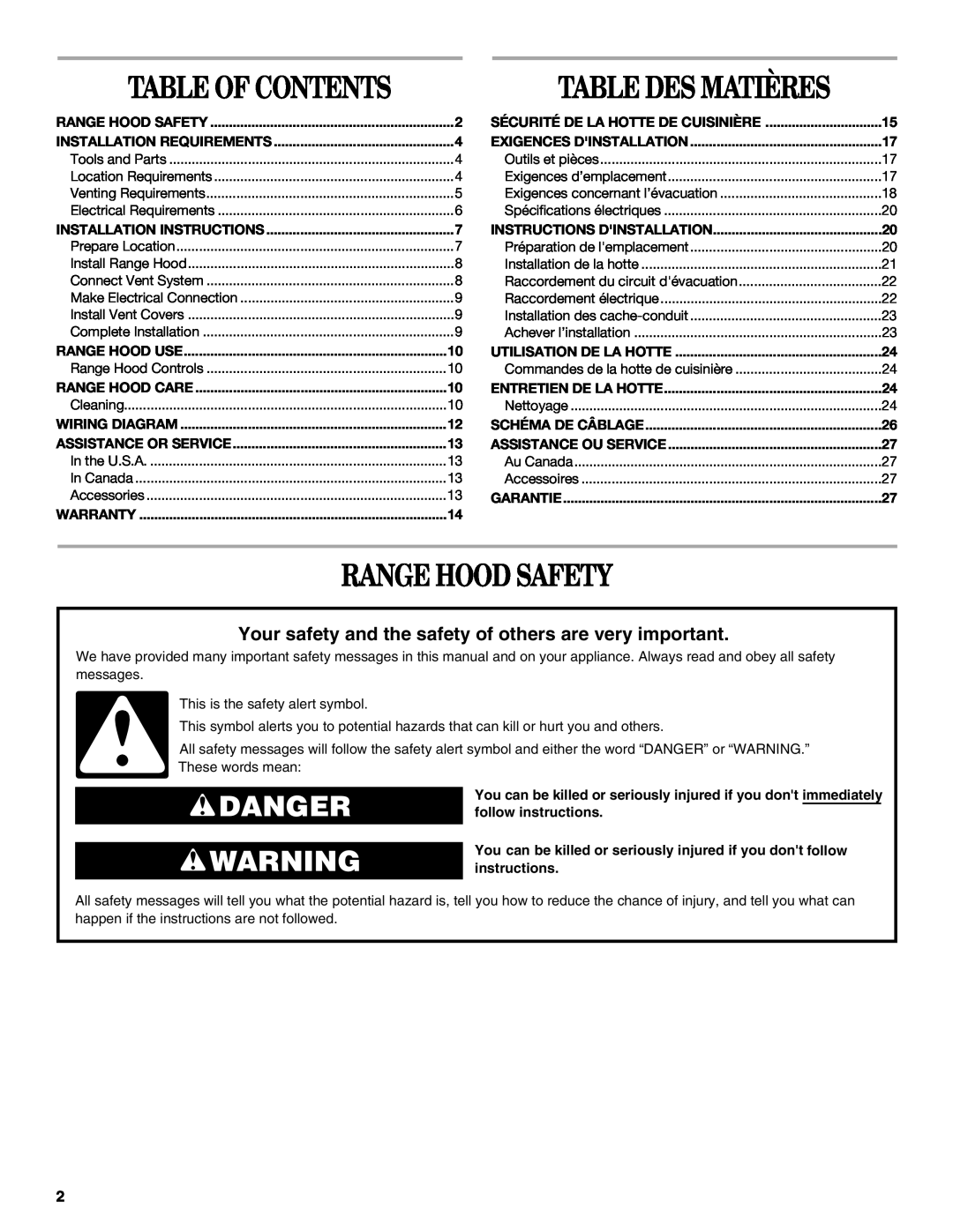 Whirlpool LI3Y3B, W10320580B installation instructions Range Hood Safety, Table Of Contents, Danger, Table Des Matières 