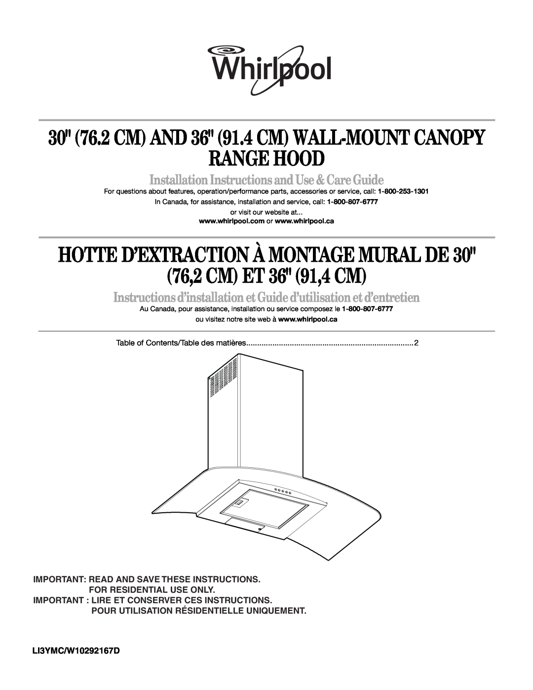 Whirlpool installation instructions 30 76.2 CM AND 36 91.4 CM WALL-MOUNT CANOPY, Range Hood, LI3YMC/W10292167D 