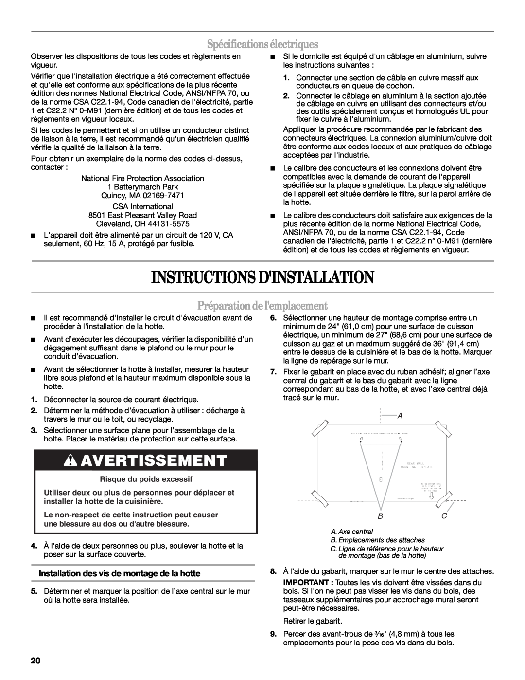 Whirlpool LI3YMC/W Instructions Dinstallation, Avertissement, Spécifications électriques, Préparation de lemplacement 