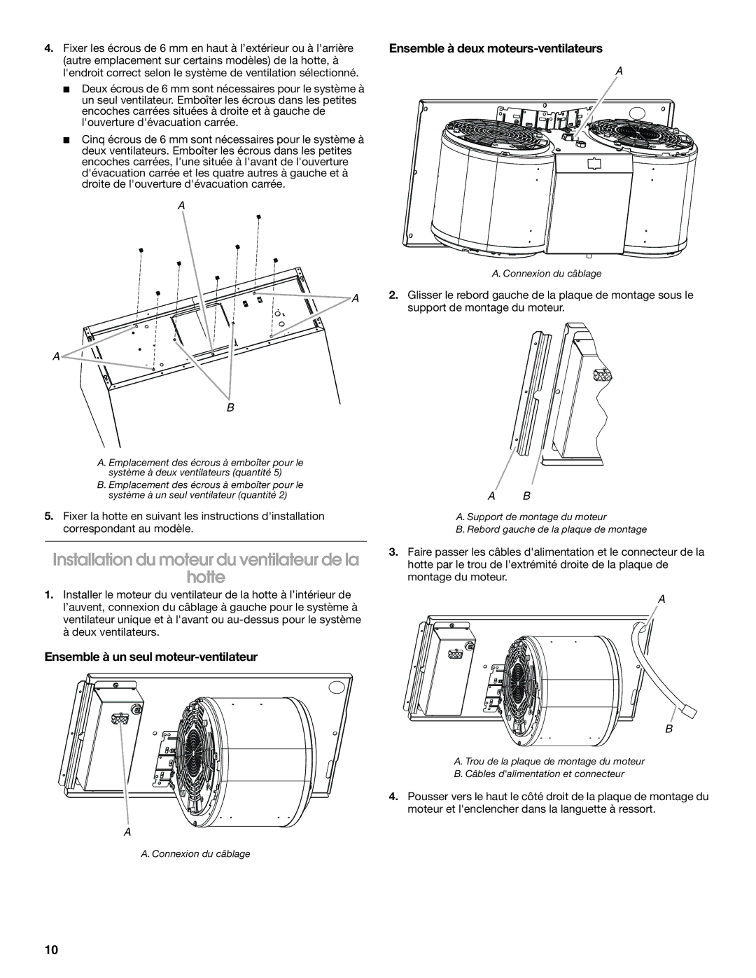 Whirlpool LI3ZJB / W10331012B Installation du moteur du ventilateur de la Hotte, Ensemble à deux moteurs-ventilateurs 