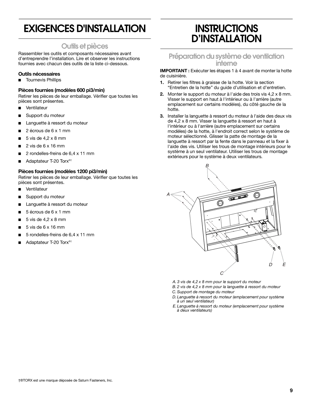 Whirlpool LI3ZJB / W10331012B Instructions ’INSTALLATION, Outils et pièces, Préparation du système de ventilation Interne 