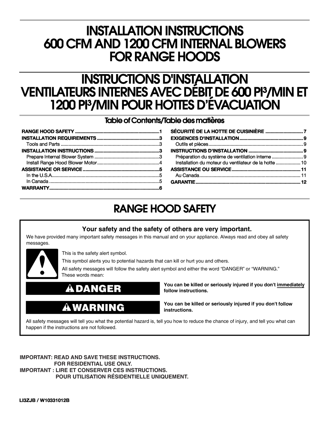 Whirlpool LI3ZJB / W10331012B installation instructions VENTILATEURS INTERNES AVEC DÉBIT DE 600 PI³/MIN ET, Danger 