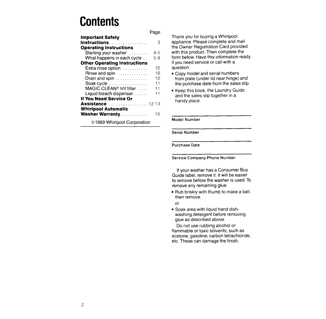 Whirlpool L/MooxT manual Contents 