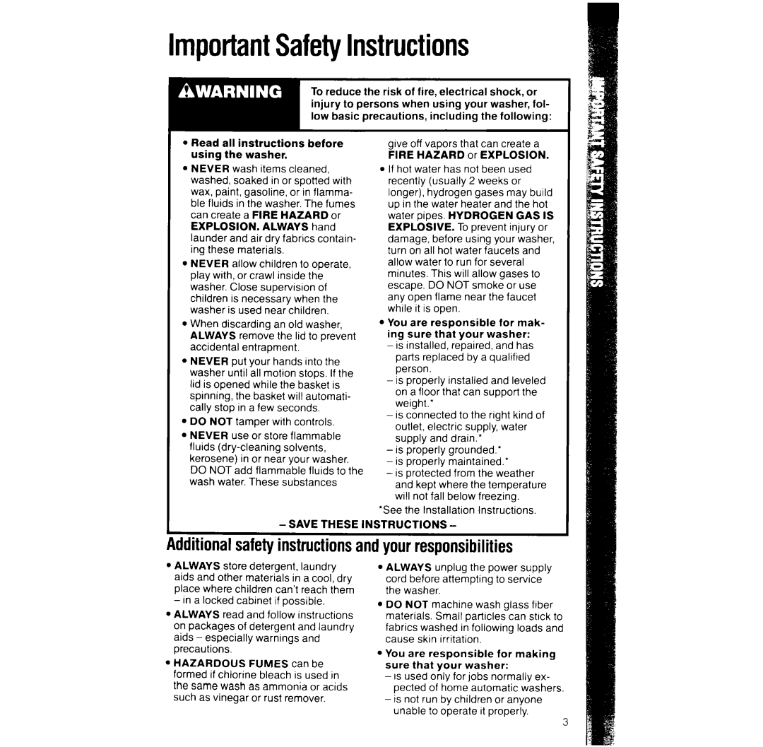 Whirlpool L/MooxT manual ImportantSafetyInstructions, Dditionalsafetyinstructionsandyourresponsibilities 