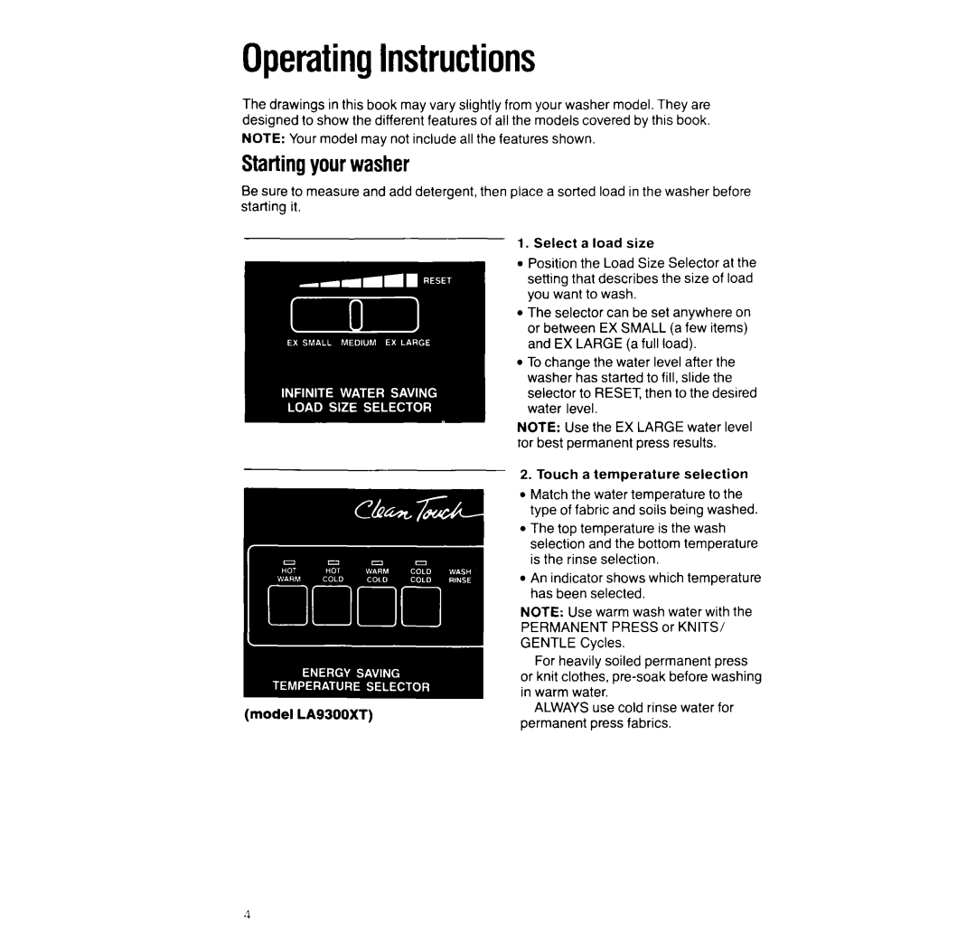 Whirlpool L/MooxT manual Operatinginstructions, Startingyourwasher 