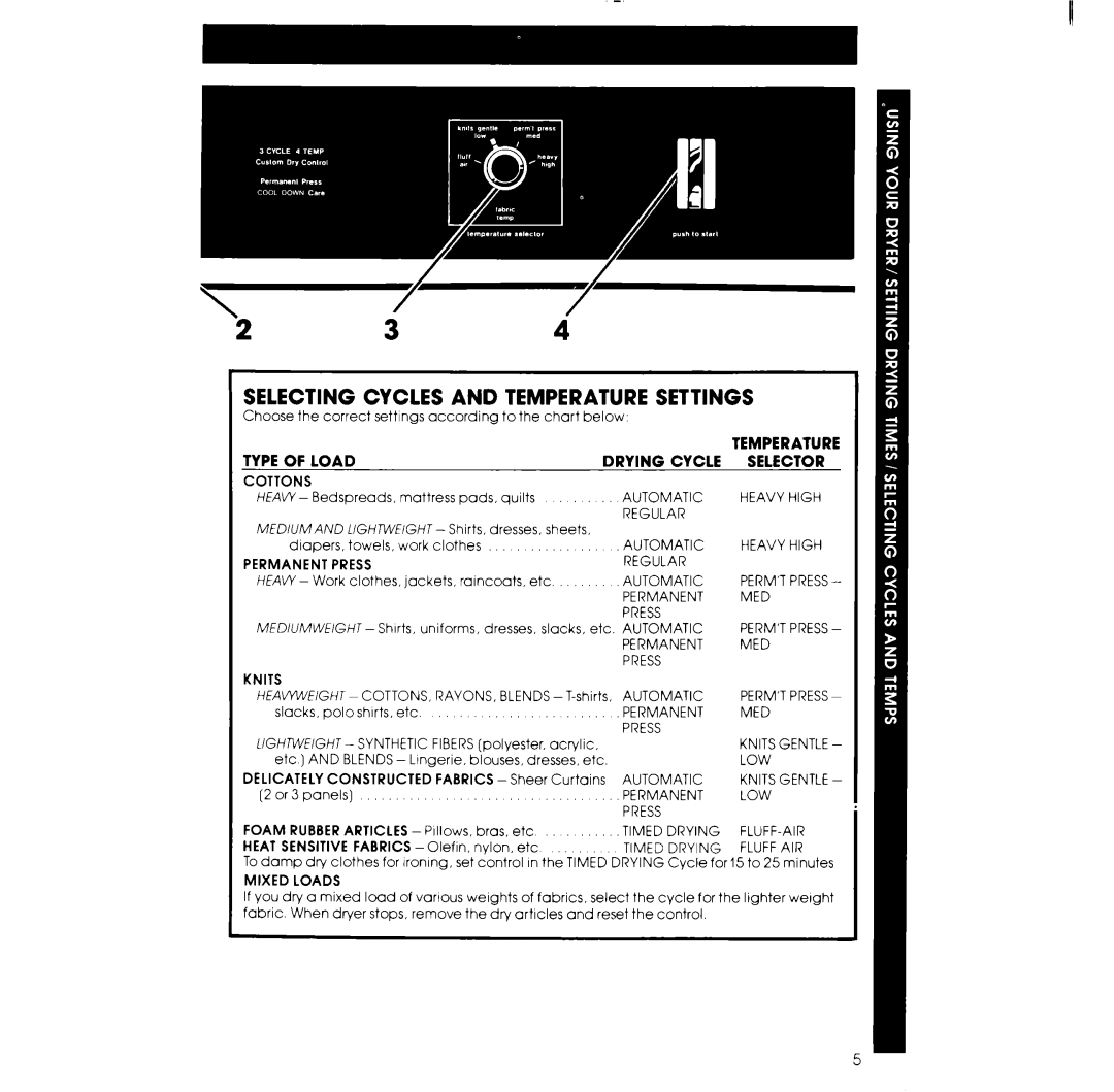 Whirlpool LQ5781XK warranty Selecting Cycles and Temperature Settings, Type of Load Drying Cycle 