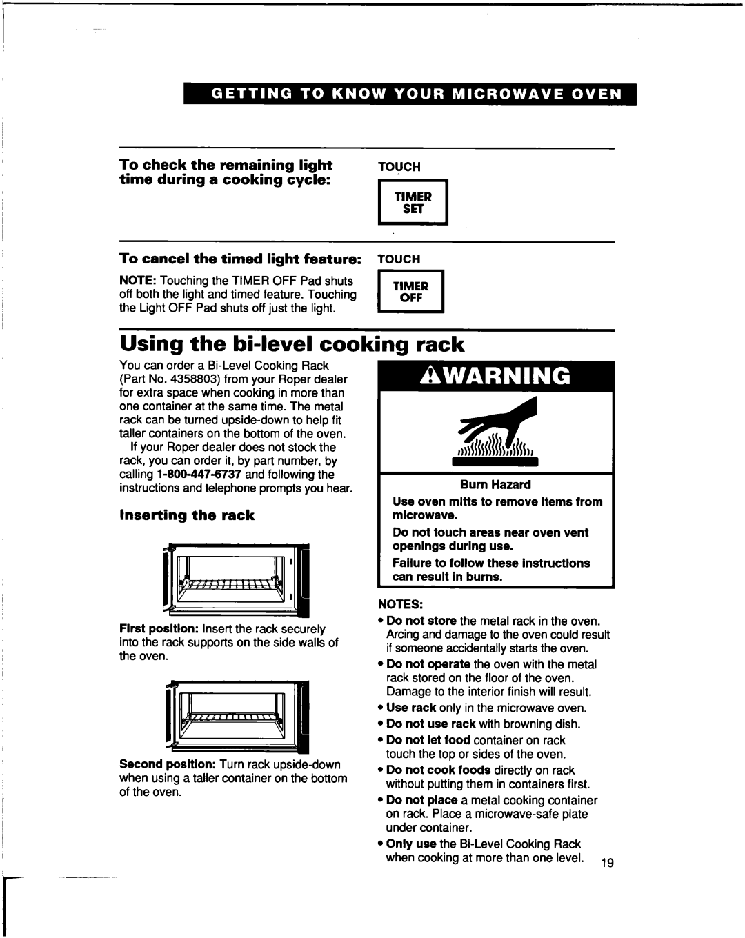 Whirlpool lREB/Q warranty Using the bi-level cooking, Rack, Inserting the rack, Burn Hazard 