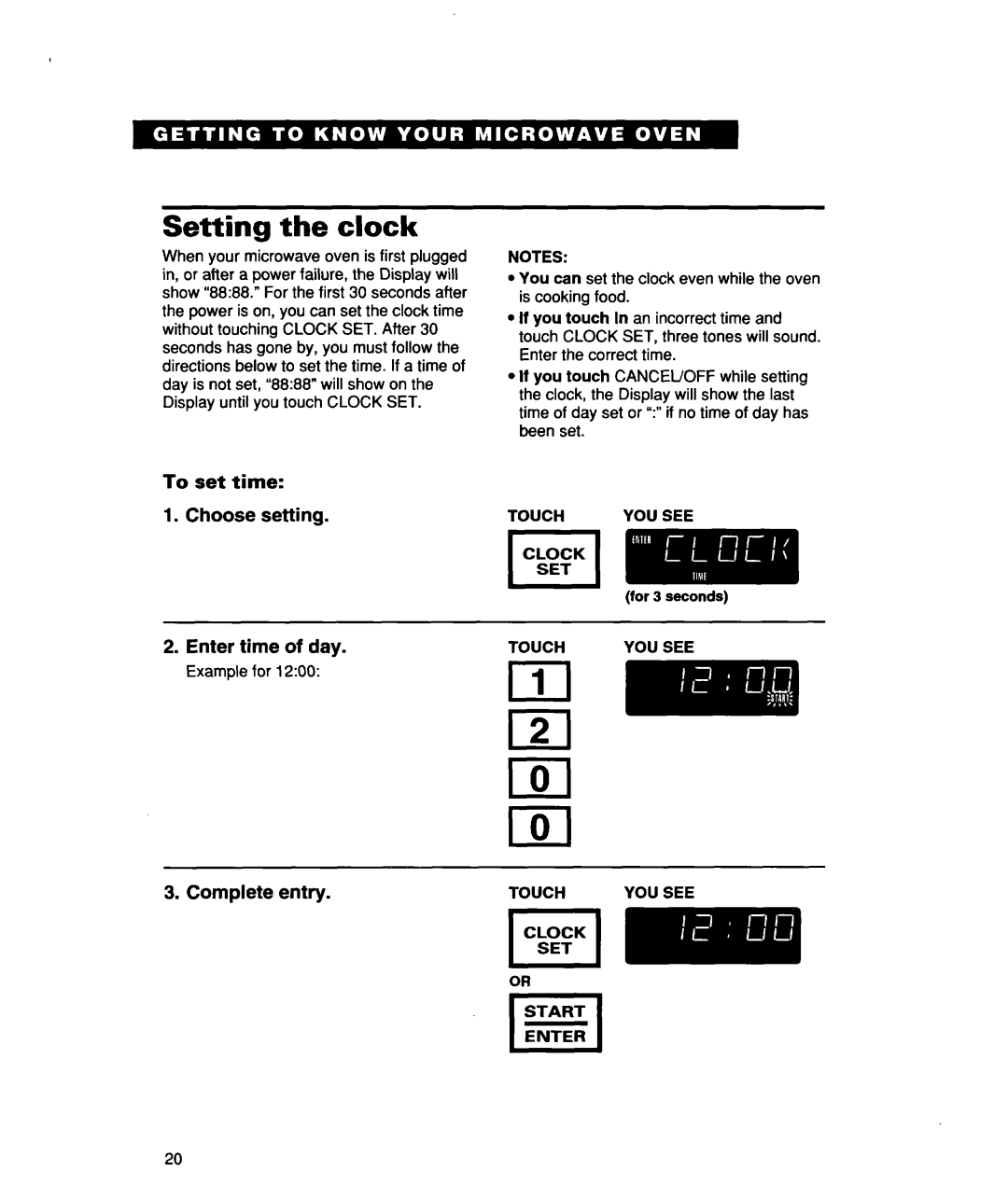 Whirlpool lREB/Q warranty Setting the clock, Set time Choose setting, Enter time of day, Complete entry 