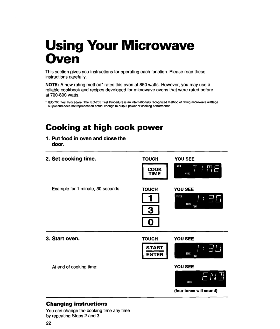 Whirlpool lREB/Q Oven, Cooking at high cook power, Put food in oven and close the door Set cooking time, Start oven 