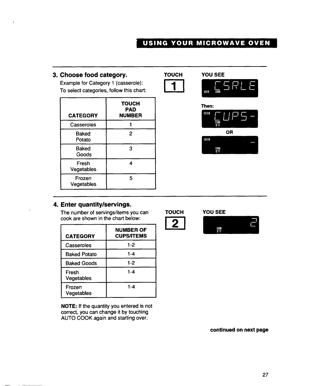 Whirlpool lREB/Q warranty Choose food category, Enter quantity/servings, Touch PAD Category Number, Contlnued on next 