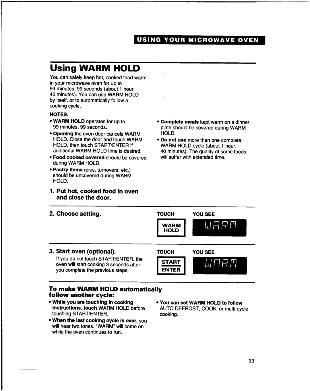 Whirlpool lREB/Q warranty Using Warm Hold, Start oven optional, To make Warm Hold automatically follow another cycle 