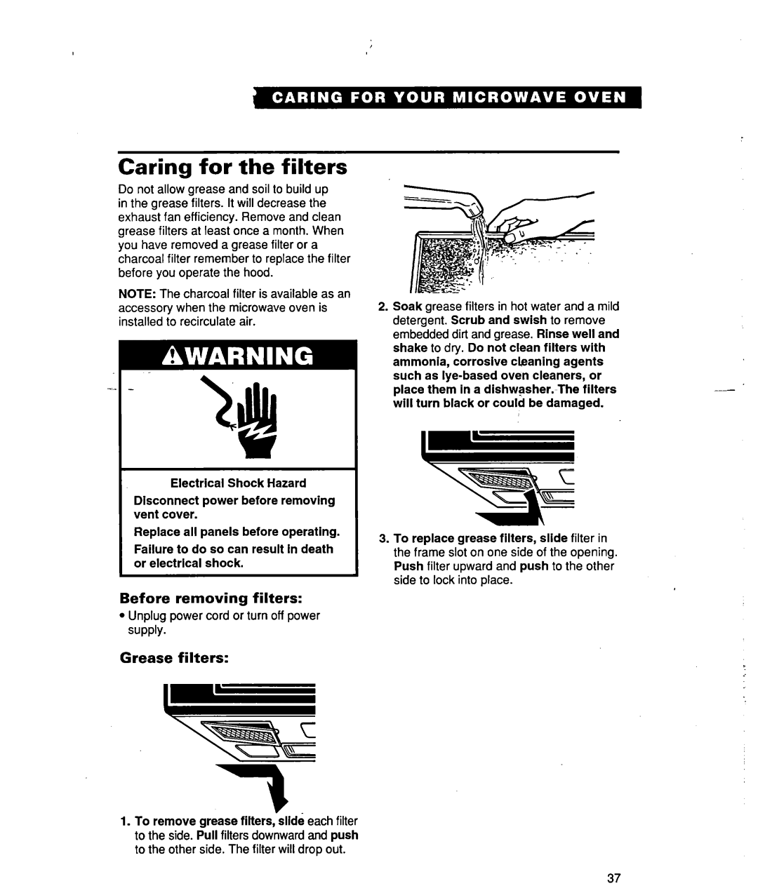 Whirlpool lREB/Q warranty Before removing filters, Grease filters 