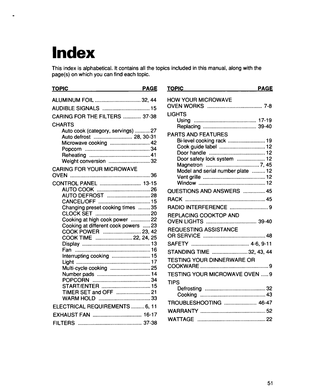 Whirlpool lREB/Q warranty Index, Parts and Features 