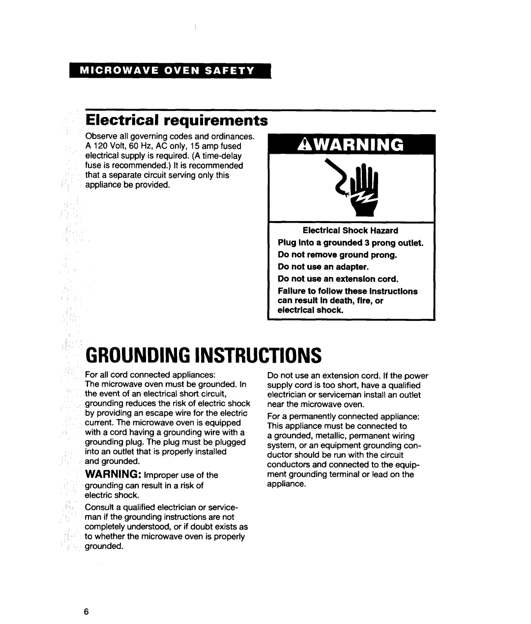 Whirlpool lREB/Q warranty Groundinginstructions, Electrical requirements 