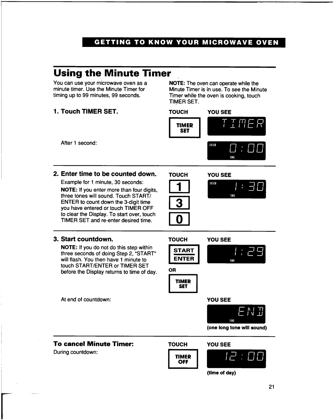 Whirlpool lREB/Q warranty Using, Touch, Enter time to be counted down, Start countdown, To cancel Minute Timer 