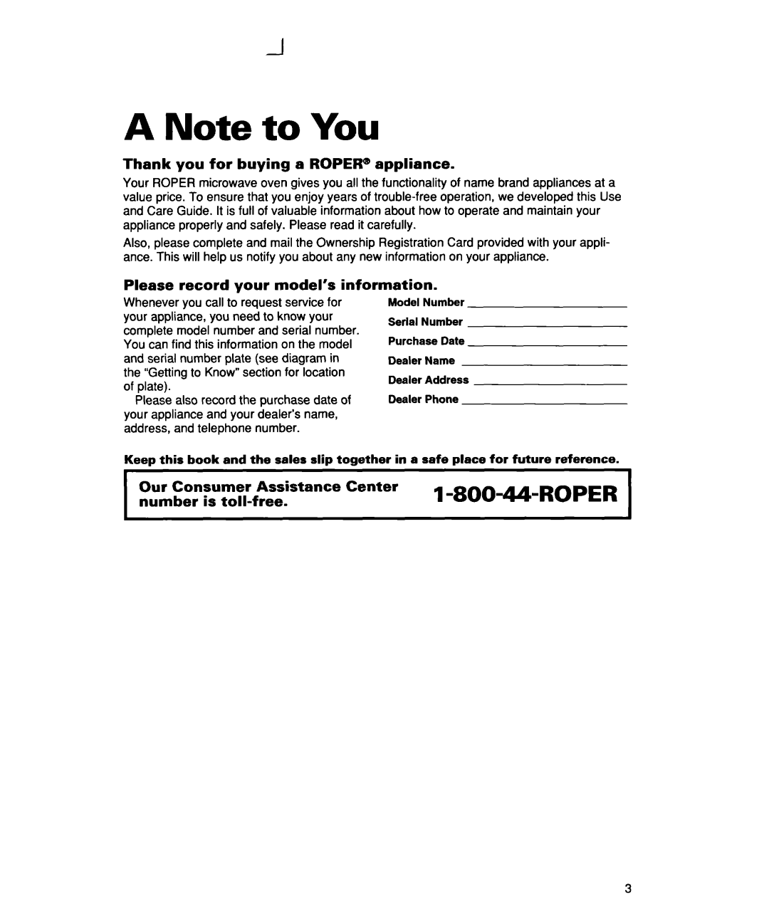 Whirlpool lREB/Q warranty A Note to You, I-80044-ROPER, Thank you for buying a ROPER@ appliance 