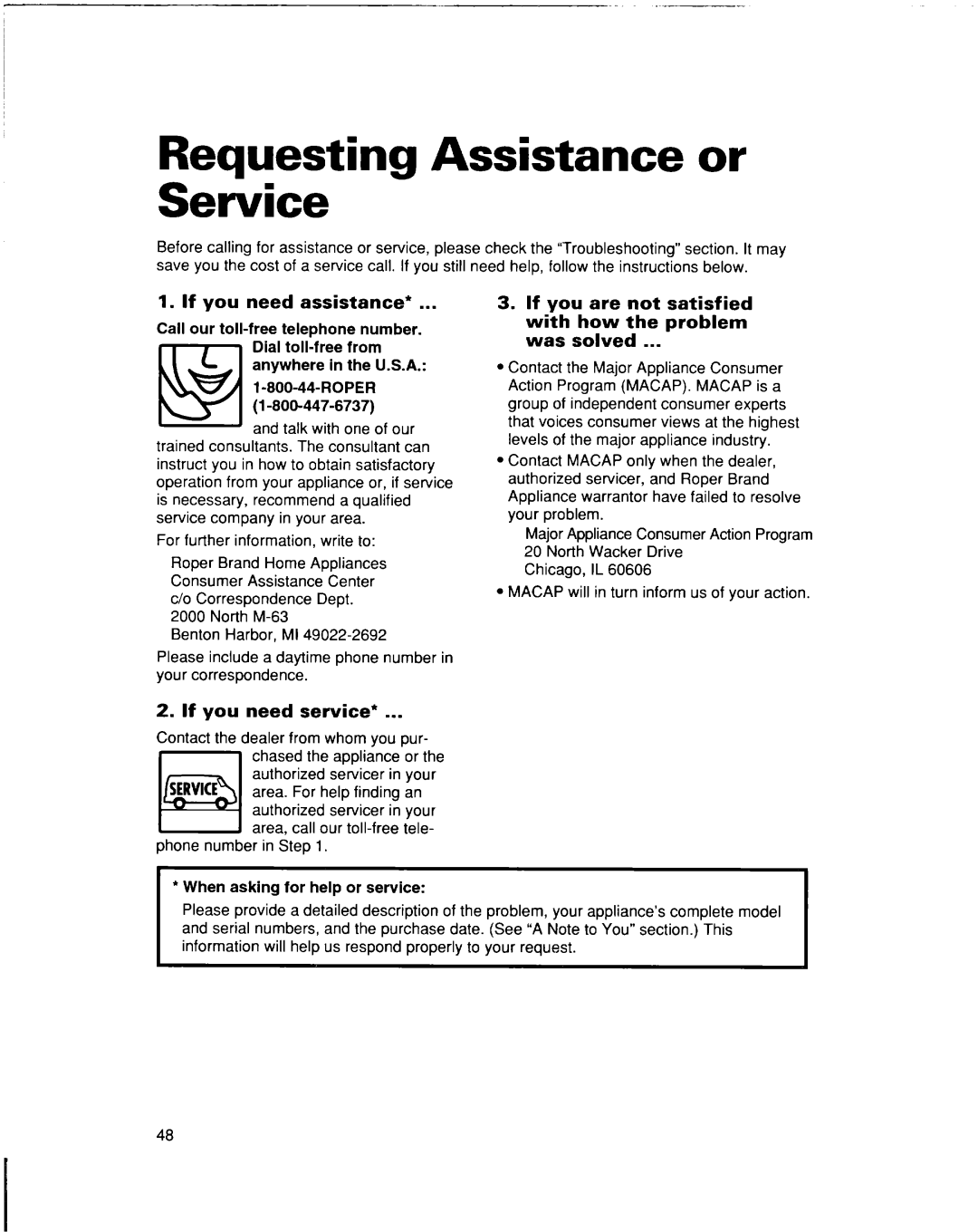 Whirlpool lREB/Q warranty Requesting Assistance or Service, If you need assistance, If you need service 