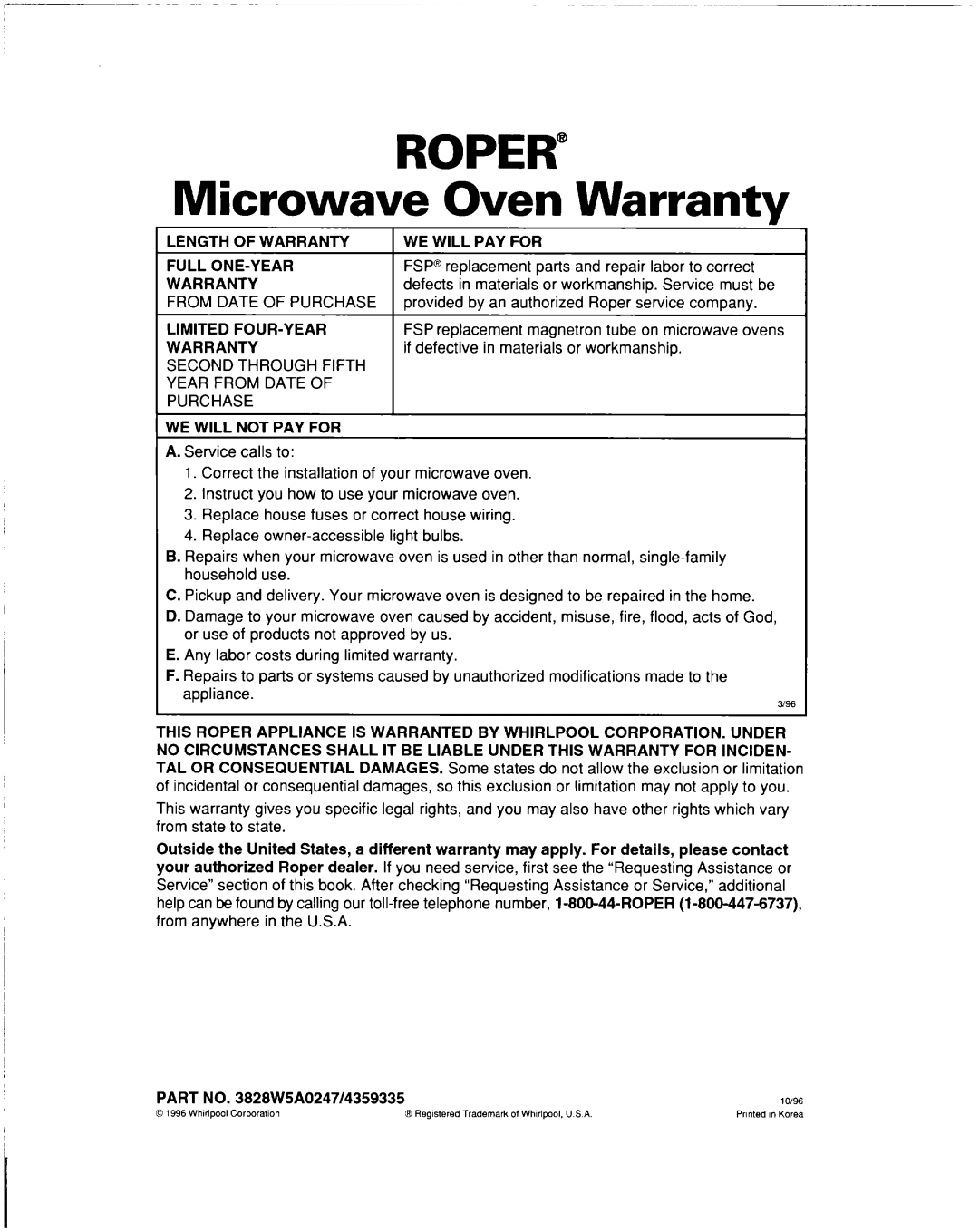 Whirlpool lREB/Q warranty ROPER” Microwave Oven Warranty 