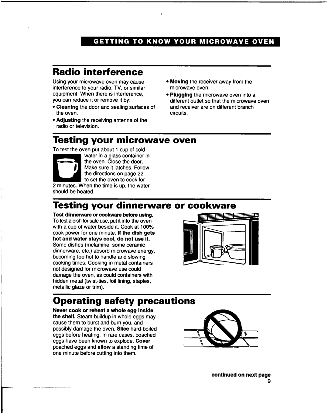 Whirlpool lREB/Q warranty Radio interference, Testing your microwave oven, Testing your dinnerware or cookware 