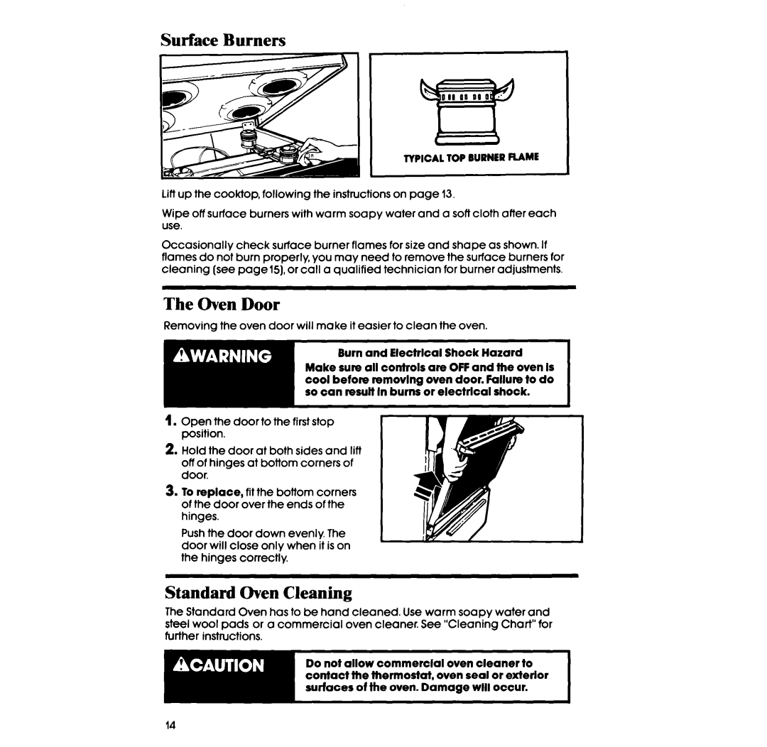 Whirlpool lSF014BEW manual Surface Burners, Oven Door, Standard Oven Cleaning 