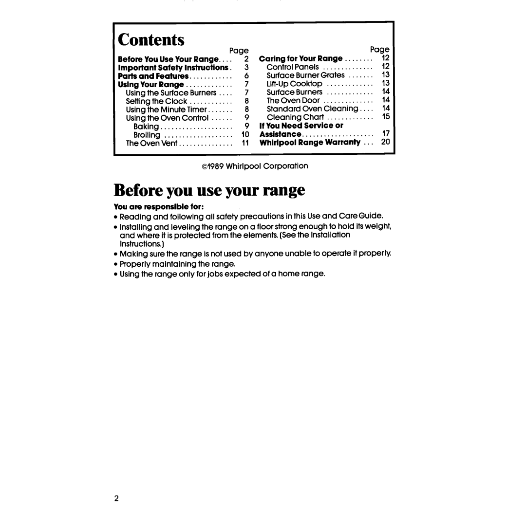 Whirlpool lSF014BEW manual Contents, Before you use your range 